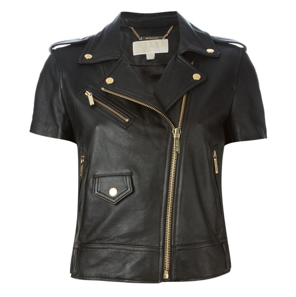 Michael Kors S Leather Short Sleeve Moto Jacket MK Biker Belted Zip Lamb Plongé